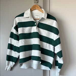 Green and White Striped Long Sleeved Rugby Top